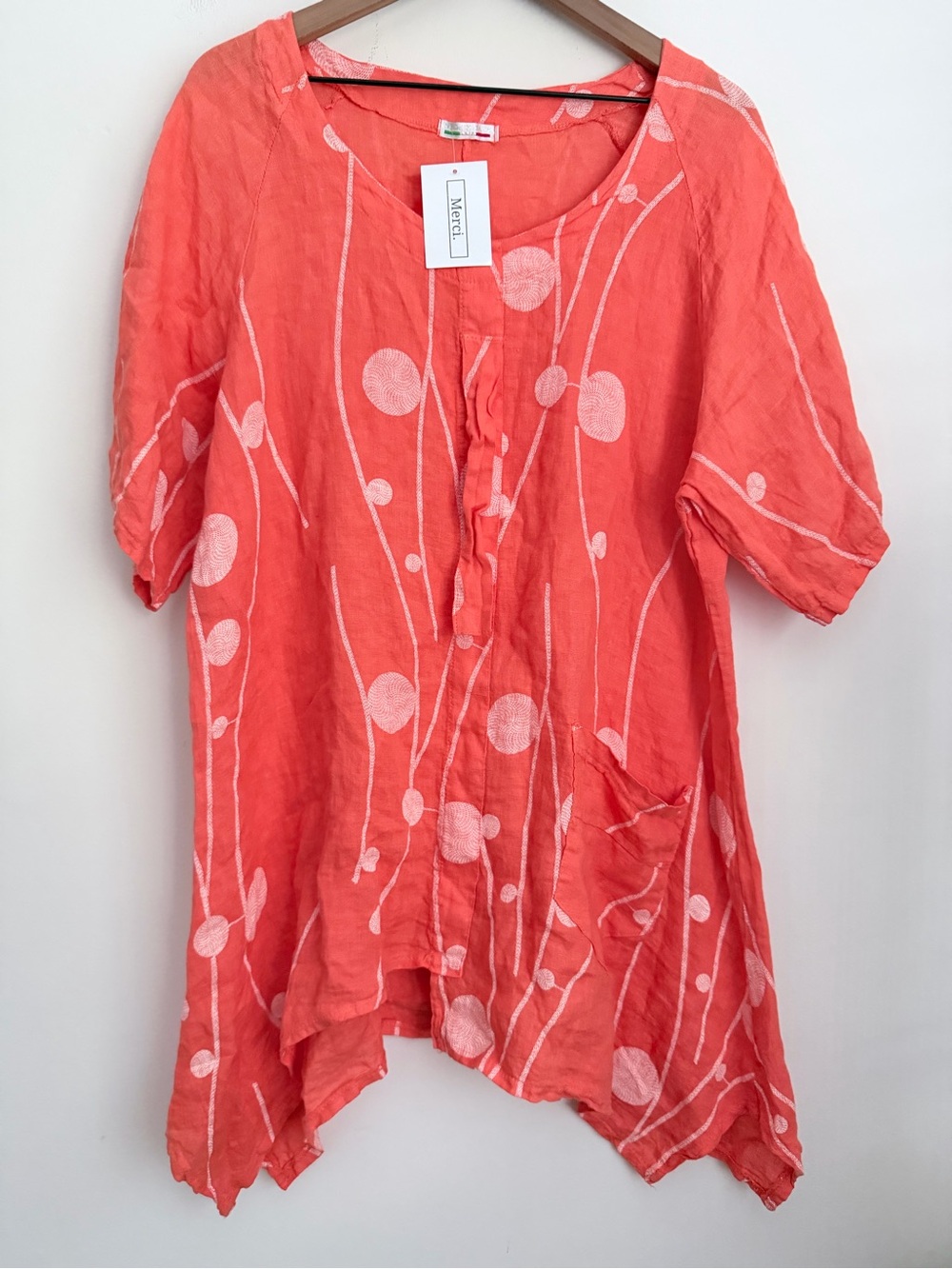 Lightweight orange Linen asymmetric Tunic circle lines Print oversized